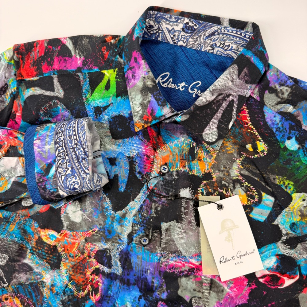 Robert Graham Ion Storm Men M Multi Abstract Print Button Down Shirt Embroidered